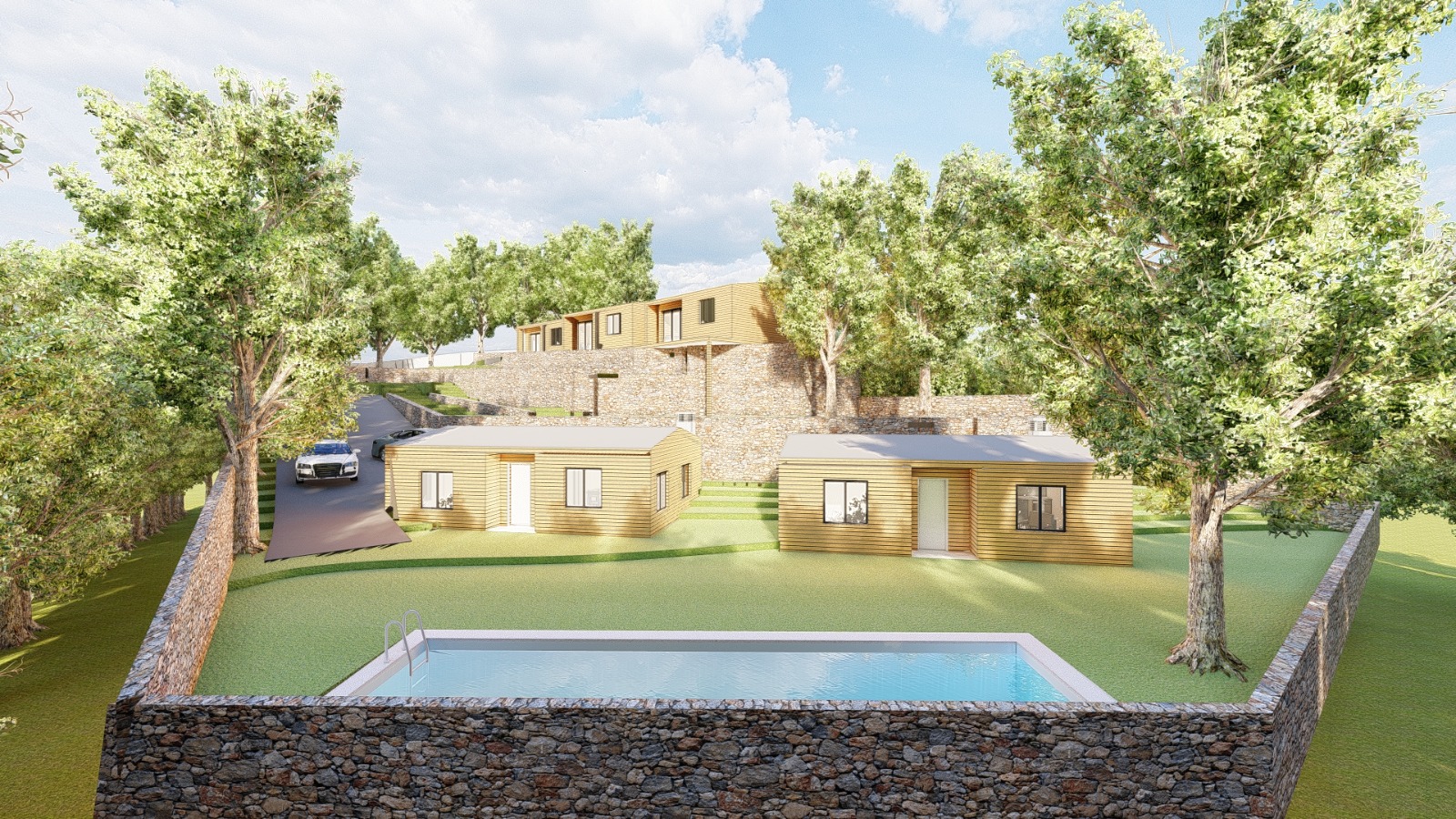 Conjunto habitacional em madeira com piscina — PO Arquitetos